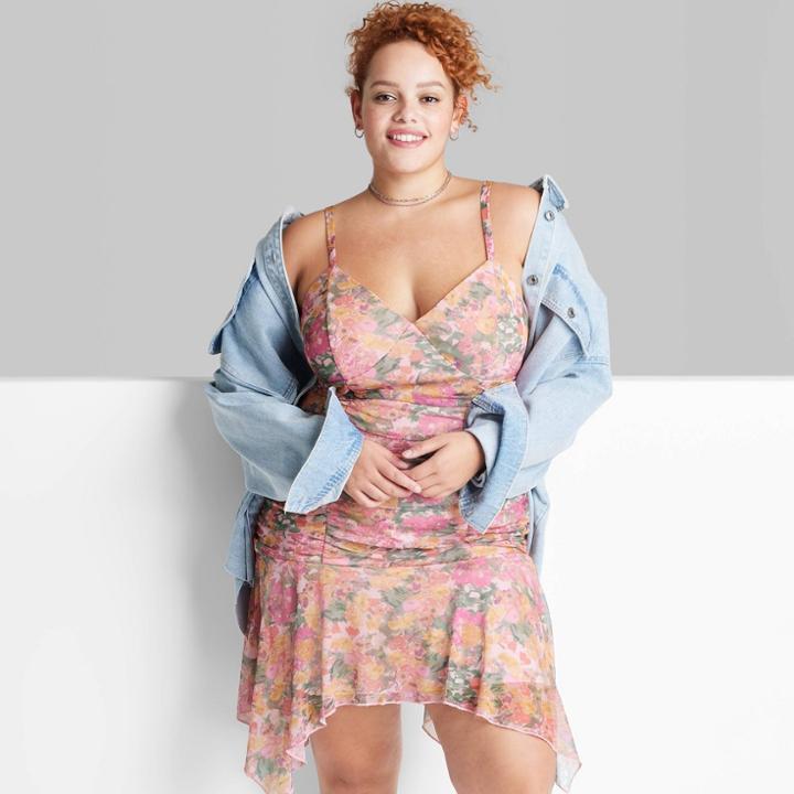 Women's Plus Size Sleeveless Ruched Handkerchief Hem Dress - Wild Fable Pink Floral