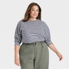 Women's Plus Size Striped Long Sleeve French T-shirt - A New Day Blue