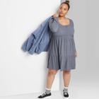 Women's Plus Size Long Sleeve Round Neck Tiered Babydoll At Knee Dress - Wild Fable Blue 1x, Women's,