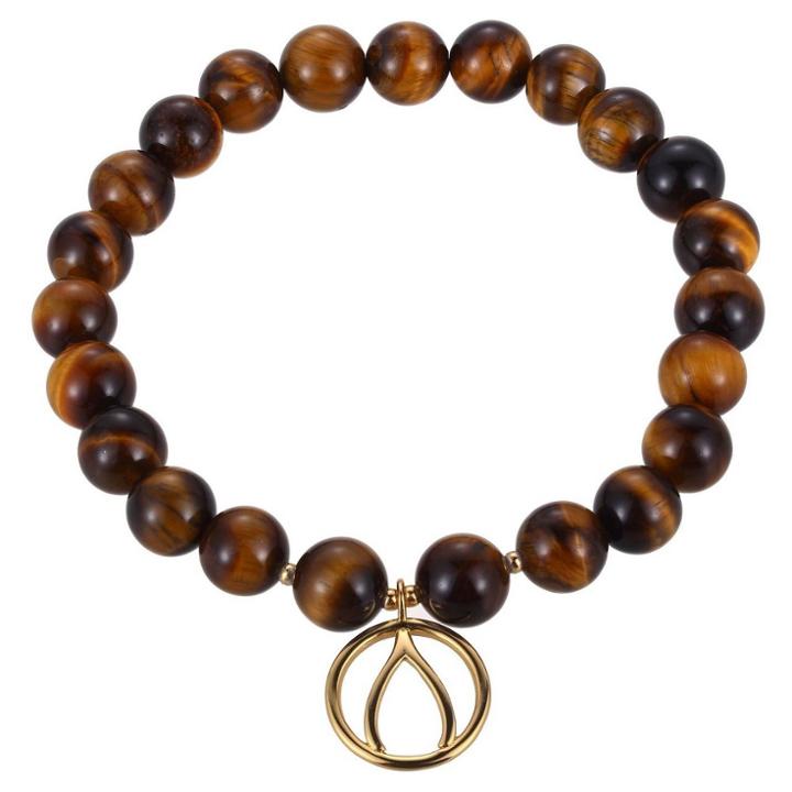 Prime Art & Jewel Genuine Tiger Eye And 18k Gold Over Silver Plated Bronze Wishbone Charm Beaded Stretch Bracelet
