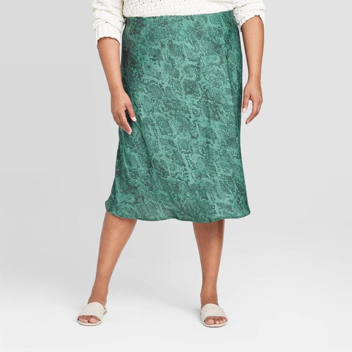 Women's Plus Size Animal Print Satin Slip Skirt - A New Day Teal 1x, Women's, Size: