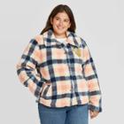 Women's Disney Plus Size Mickey Plaid Button-up Checkered Family Fleece Jacket - Cream