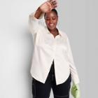Women's Plus Size Bell Long Sleeve Collared Satin Button-down Shirt - Wild Fable Almond