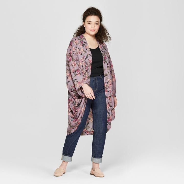 Women's Plus Size Woven Floral Print Cocoon Kimono - A New Day Lavender (purple)