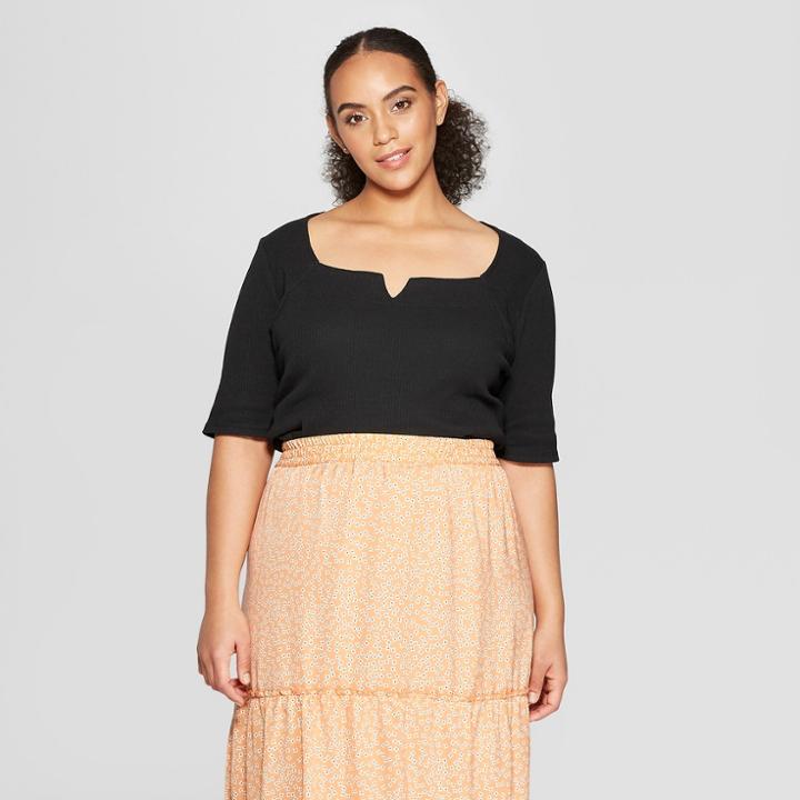 Women's Plus Size Elbow Sleeve Boat Neck Knotched Rib Top - Who What Wear Black