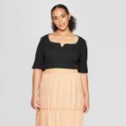 Women's Plus Size Elbow Sleeve Boat Neck Knotched Rib Top - Who What Wear Black
