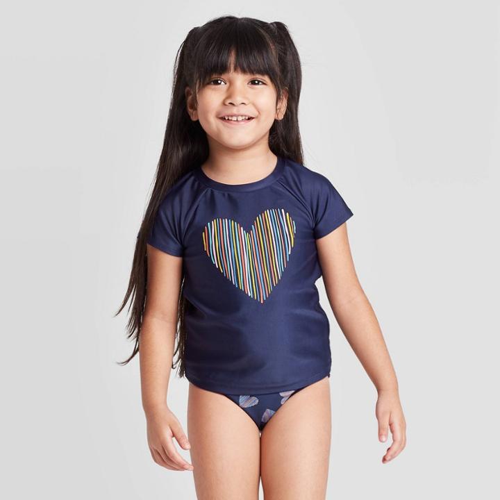Petitetoddler Girls' Sketched Heart Short Sleeve Rash Guard Set - Cat & Jack Dark Blue 12m, Toddler Girl's
