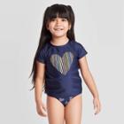 Petitetoddler Girls' Sketched Heart Short Sleeve Rash Guard Set - Cat & Jack Dark Blue 12m, Toddler Girl's