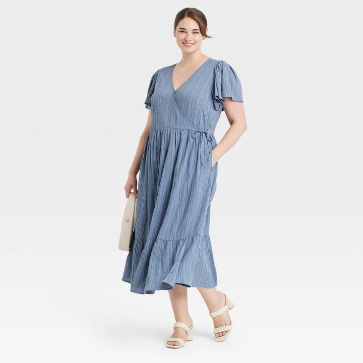 Women's Plus Size Flutter Short Sleeve Wrap Dress - A New Day Blue