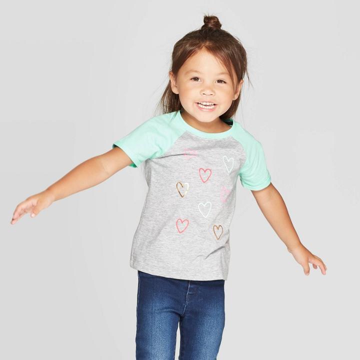 Petitetoddler Girls' Short Sleeve Heart Baseball T-shirt - Cat & Jack Gray/aqua 2t, Toddler Girl's