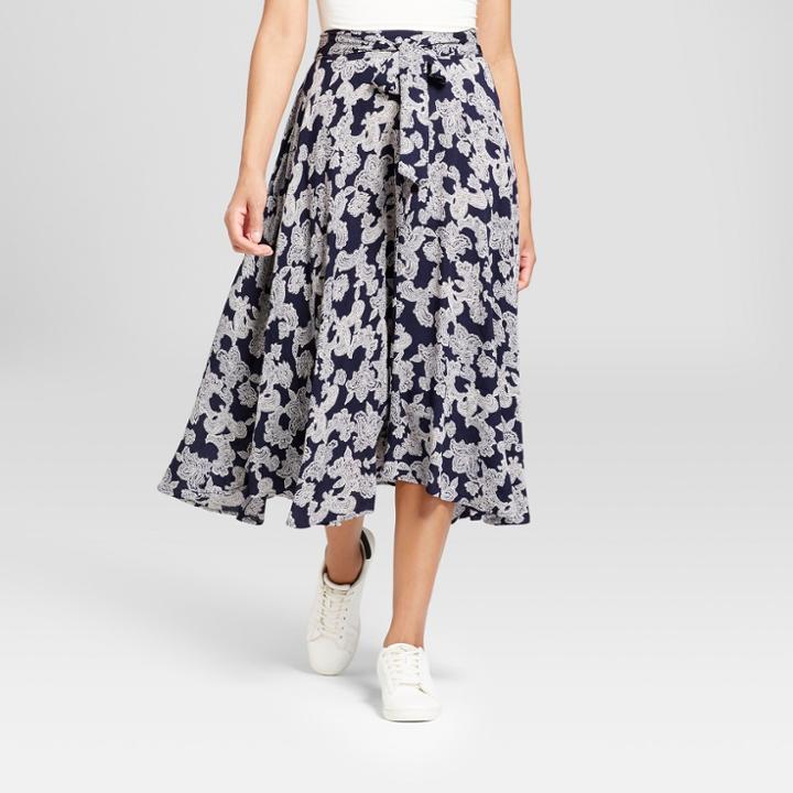 Women's Floral Print Tie Waist Midi Skirt - Knox Rose Navy