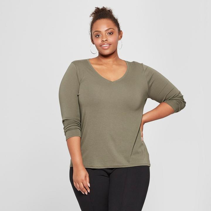 Women's Plus Size Long Sleeve V-neck T-shirt - Ava & Viv Olive (green)
