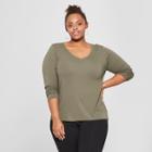 Women's Plus Size Long Sleeve V-neck T-shirt - Ava & Viv Olive (green)