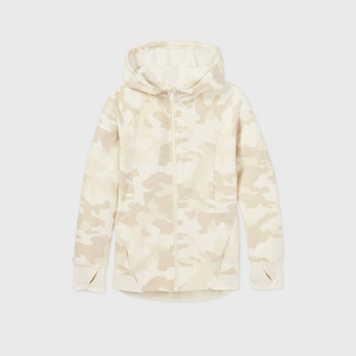 Girls' Fleece Full Zip Hoodie Sweatshirt - All In Motion Beige