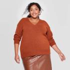Women's Plus Size Long Sleeve V-neck Pullover Sweater - Ava & Viv Rust Heather 3x,