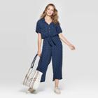 Women's Short Sleeve V-neck Printed Tie Front Wide Leg Jumpsuit - Universal Thread Navy