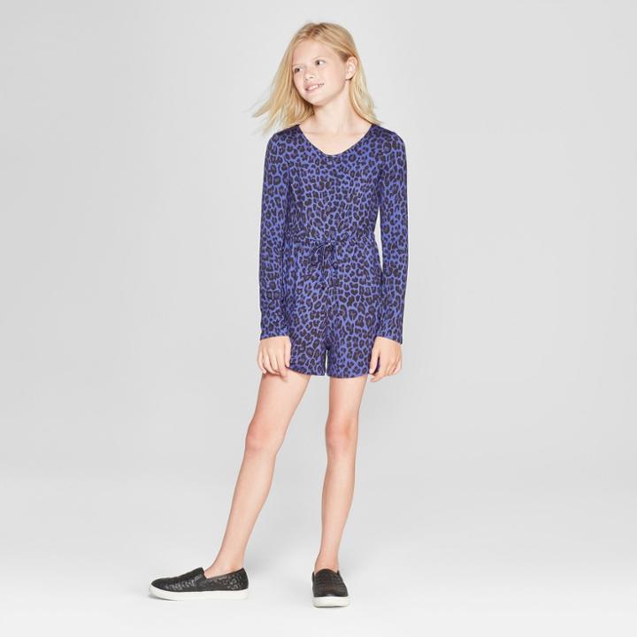 Girls' Long Sleeve Ruched Romper - Art Class Blue