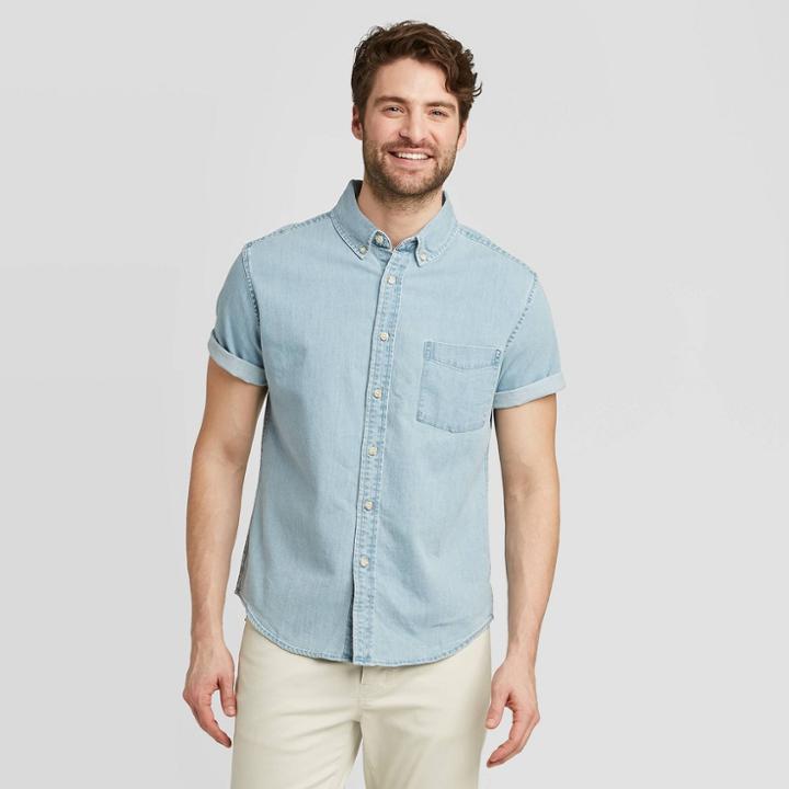 Men's Standard Fit Short Sleeve Denim Shirt - Goodfellow & Co Light Wash S, Men's, Size: Small,