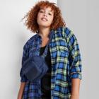 Women's Plus Size Raglan Long Sleeve Button-down Hi-low Flannel Shirt - Wild Fable Blue Plaid