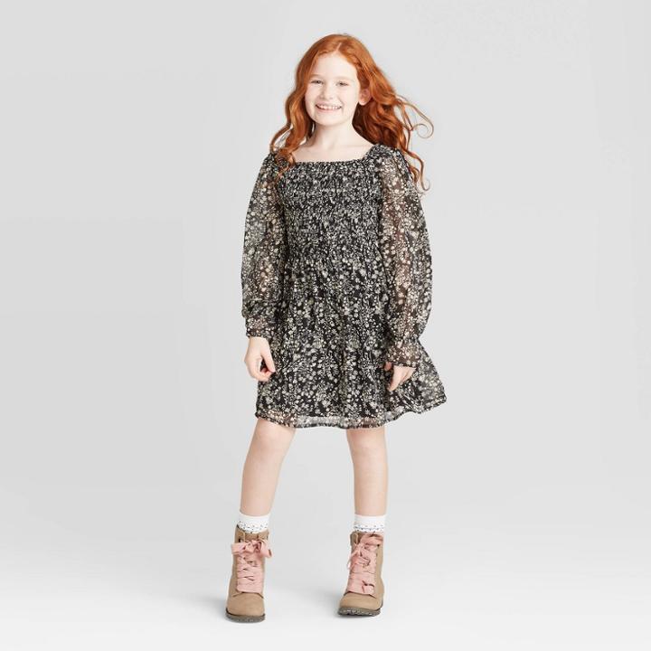 Girls' Long Sleeve Smocked Woven Dress - Art Class Black Xs, Girl's,