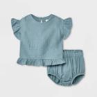 Grayson Collective Baby Girls' Gauze Ruffle Short Sleeve Top & Bottom Set - Blue Newborn