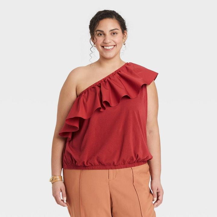 Women's Plus Size One Shoulder Ruffle Top - A New Day Rust