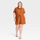 Women's Plus Size Short Sleeve Button-up Drawstring-waist Utility Romper - Ava & Viv Brown