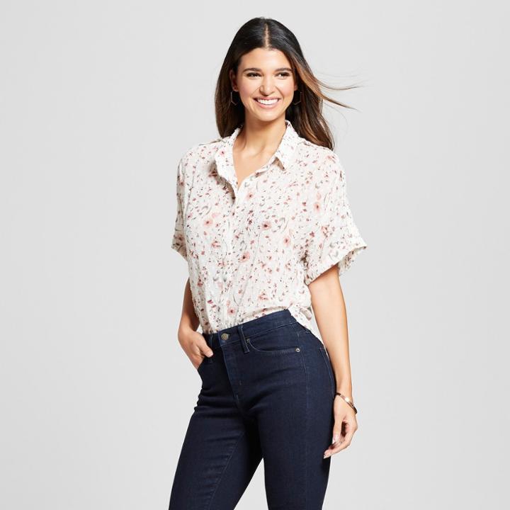 Eclair Women's Floral Print Short Sheer Dolman Sleeve Button-up Blouse - Clair White