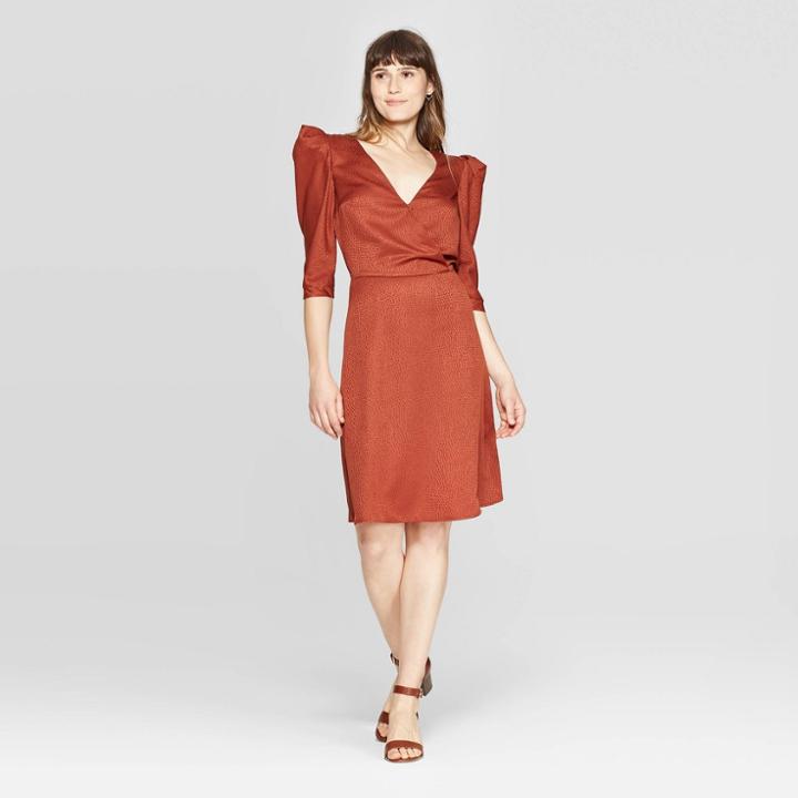 Women's Regular Fit Elbow Sleeve Deep V-neck Midi Dress - A New Day Fiery Brown M,