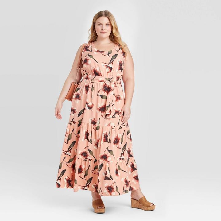 Women's Plus Size Floral Print Sleeveless Tiered Maxi Dress - Ava & Viv Coral X, Women's,