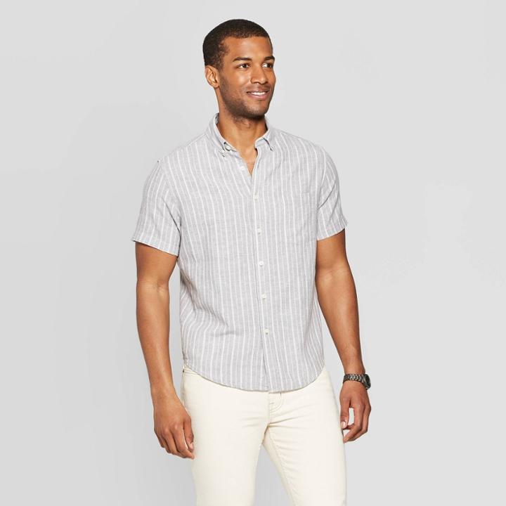 Men's Striped Short Sleeve Linen Button-down Shirt - Goodfellow & Co Thundering Gray