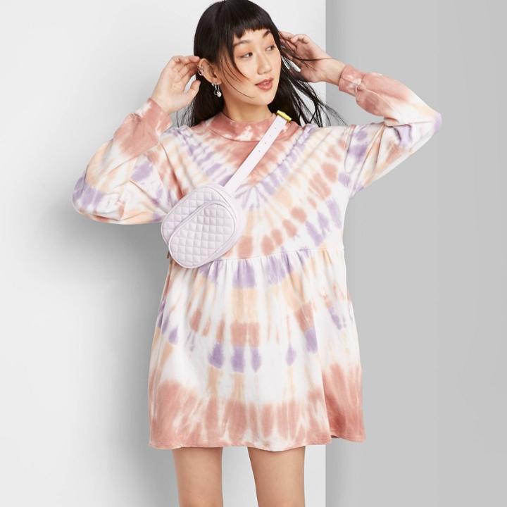 Women's Long Sleeve Mock Turtleneck Tie Dye Knit Mini Dress - Wild Fable Peach/navy/brown Xs, Women's, Pink