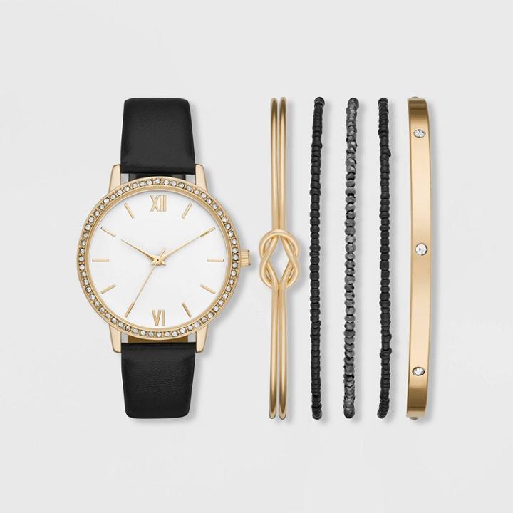 Women's Roman Glitz Strap Watch Set - A New Day Gold/black
