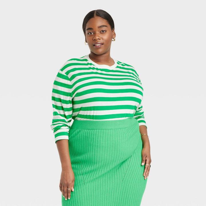Women's Plus Size Long Sleeve Boxy T-shirt - A New Day Green/white