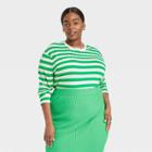 Women's Plus Size Long Sleeve Boxy T-shirt - A New Day Green/white