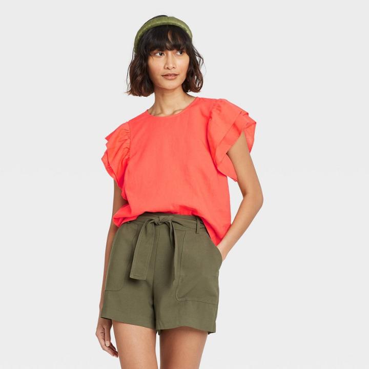 Women's Ruffle Short Sleeve Linen Top - A New Day Coral