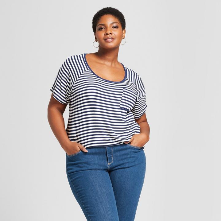 Women's Plus Size Striped Knit Short Sleeve Top - Ava & Viv Blue/white X