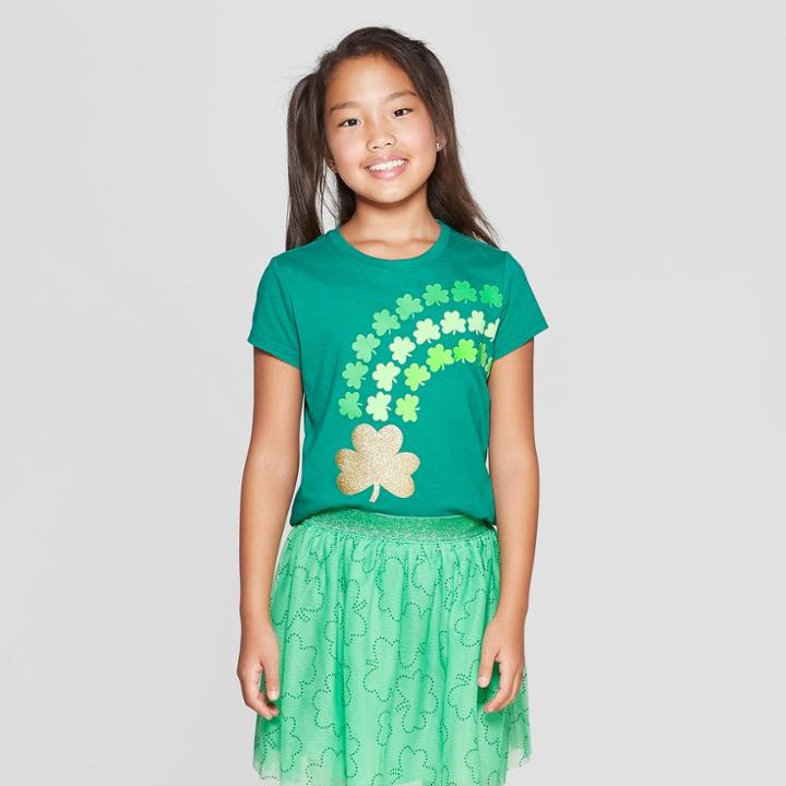 Girls' Shamrock Rainbow Short Sleeve Graphic T-shirt - Cat & Jack Olive