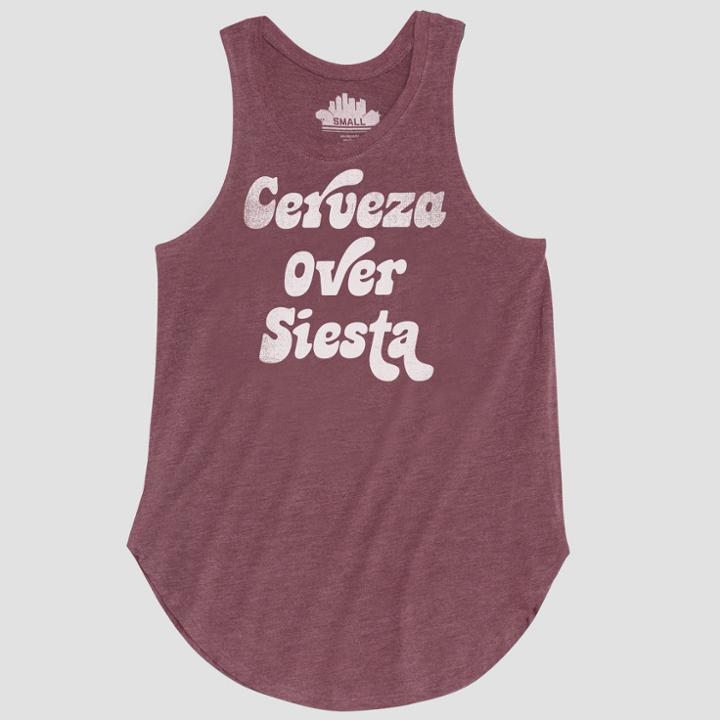Women's Cerveza Over Siesta Graphic Tank Top - Awake Burgundy S, Size:
