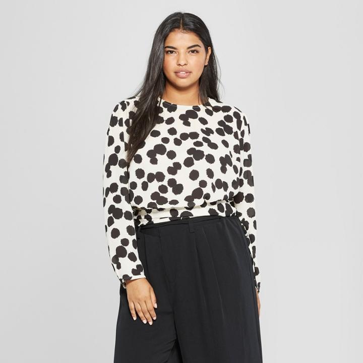 Women's Plus Size Polka Dot Long Sleeve Drapey Tie Blouse - Who What Wear Cream/black 3x, Ivory/black Polka Dot