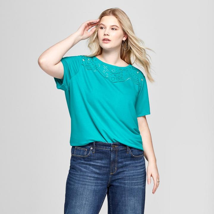 Women's Plus Size Short Sleeve Burnout T-shirt - Ava & Viv Teal (blue) X