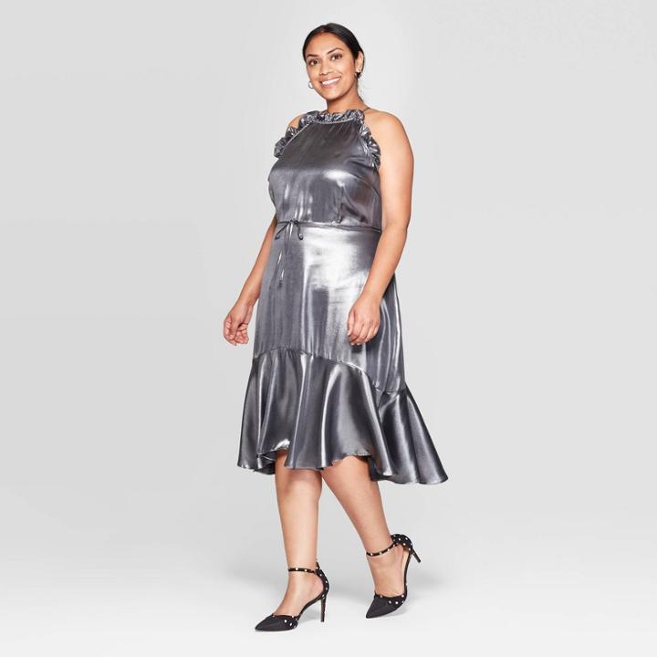 Women's Plus Size Sleeveless Halter Neck Midi Dress - Who What Wear Silver 1x, Women's,