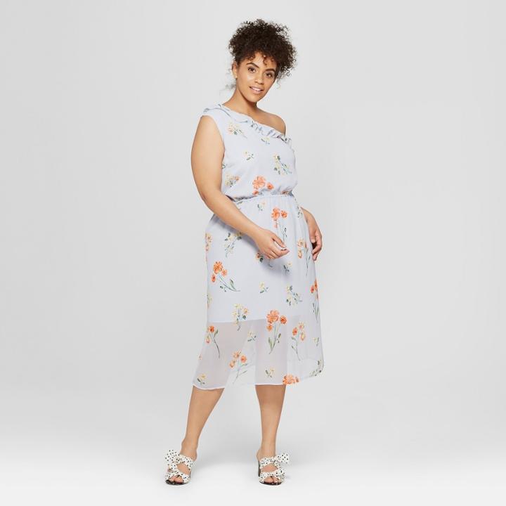 Women's Plus Size Floral Print One Shoulder Ruffle Midi Dress - Who What Wear Blue X