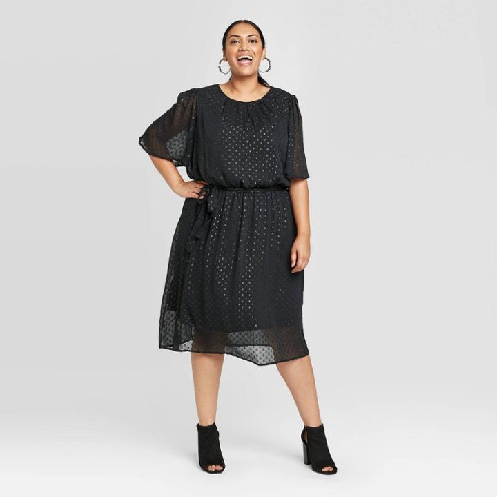 Women's Plus Size Clipspot Flutter Short Sleeve Scoop Neck Dress - Ava & Viv Black X, Women's