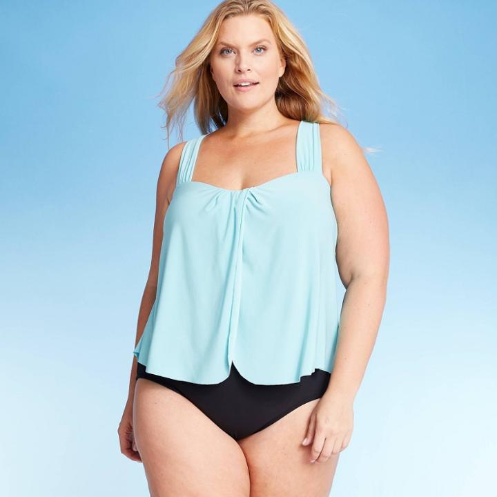Women's Plus Size Drape Front One Piece Swimsuit - Aqua Green Blue