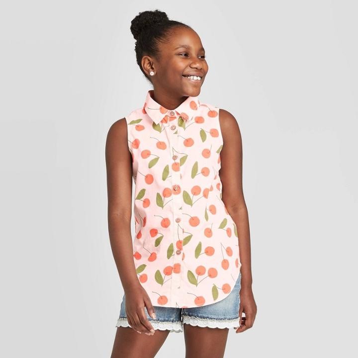 Girls' Cherry Print Sleeveless Woven Top - Cat & Jack Pink M, Girl's,