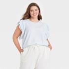 Women's Plus Size Striped Ruffle Short Sleeve Linen Top - A New Day Blue