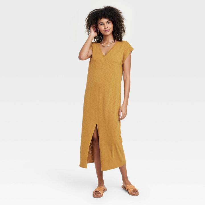 Women's Short Sleeve V-neck Knit Dress - Universal Thread Brown