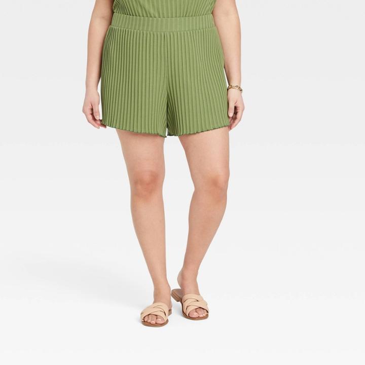 Women's Plus Size High-rise Ribbed Shorts - A New Day Green