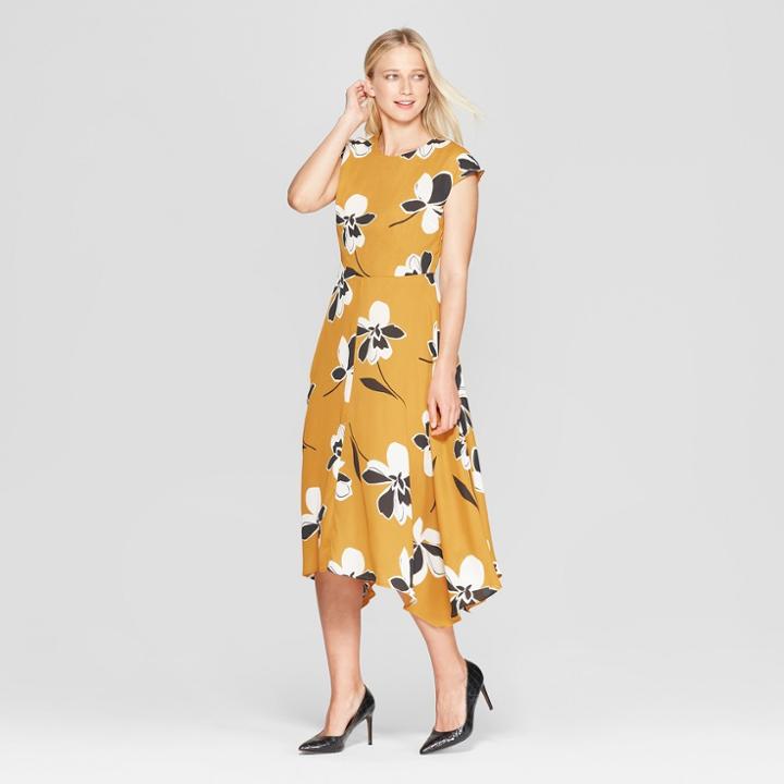 Women's Floral Print Cap Sleeve Asymmetric Hem Midi Dress - Who What Wear Yellow
